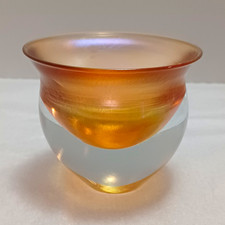 Iridescent Amber/Clear Art Glass Round Candleholder 4 in Dia x 3 in Signed picture