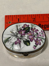 Limoges Castel France Oval Porcelain Hinged Trinket Box Purple Flowers picture