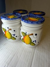 Vintage Set of 4 Italian Country Ceramic Kitchen Canisters Yellow Fruit Blue Lid picture