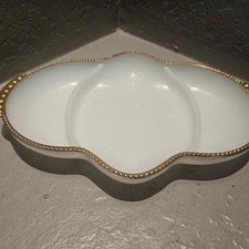 Anchor Hocking Fire King Divided Relish Tray or Dish Milk Glass and Gold Trim picture