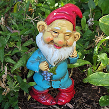 Vintage Japan Fantasy Garden Gnome Figurine Red Hat Blue Coat Holding Grapes picture