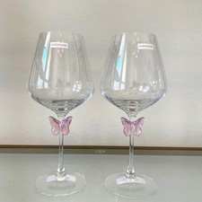 NEW Godinger Pink Butterfly Wine Glass Set of 2 Chic Barware picture