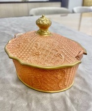 Agostinelli Italy Hand Painted Salmon Pink Lidded Box Gold Trim NOS Vintage picture