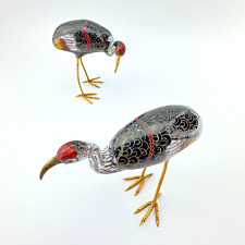 Vintage Cloisonné Crane Figurines Black w/ Gold White Red Yellow - Set Of Two picture