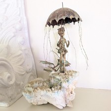 Vintage Brutalist Bronze Sculpture Figure with Umbrella on Crystal Mineral Base picture