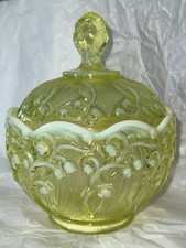 Fenton Lily Of The Valley Candy Box w Lid Topaz Opalescent Glass Vaseline picture