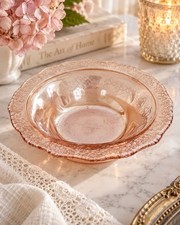 Vintage Pink Pressed Glass Bowl Floral Scalloped Rim Trinket Candy Dish 5.25