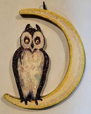 BROWN OWL on CRESCENT MOON *  Glitter HALLOWEEN ORNAMENT * Vtg Img picture