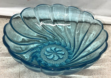 Vintage Blue Turquoise Glass Swirl Hazel Atlas Capri Seashell 9” Bowl picture
