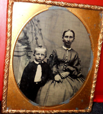 1/6th size Tintype of mom and child in brass mat/frame picture