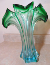 Vintage Handblown Art Glass Vase Green Blue Ruffled Rim, Unusual Design, Murano? picture