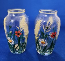 2 Bohemian Clear Glass Mini Bud Vases Raised Enamel Moriage Flowers Czech 2.75 picture