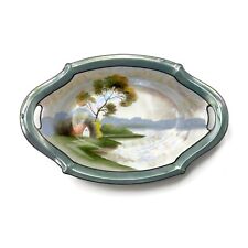 Vintage Blue Lustreware Hand Painted Lakeshore House Scene Oval Dish picture