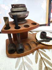 Wedgwood Bone China Ashtray w/ Wood Pipe Stand, Lighter & 3 Pipes picture