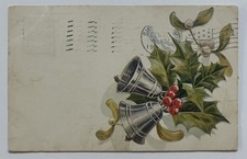 1907 Embossed Christmas Postcard Silver Bells Holly Berries Mistletoe Vintage picture