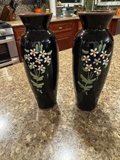 2 Vintage Black Amethyst Glass Bud Vase Ebony Hand Painted Flowers 6 1/4