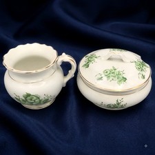 Antique KTK Creamer Sugar Set Green Roses Knowles Taylor Knowles Lidded Ivy READ picture