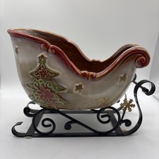 Vintage Ceramic Christmas Sleigh Candle Holder With Metal Base 6Hx8L picture