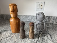 Vintage Wood Moai Rapa Nui Easter Island Statue, 2 Stone Moai And Cloth Moai. picture