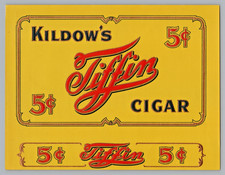 Large Original Vintage Kildow's Tiffin 5 Cent Cigar Embossed Label Sign picture