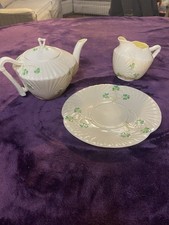 Vintage Belleek Ireland Shamrock Harp 3-Piece Tea Set Lot Matching Green Mark picture