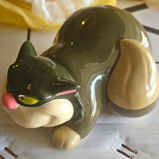 Schmid Ceramic Cat Figurine Gray & White Lying Down with Green Eyes picture
