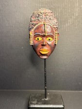 Dan Style Mask on Stand Liberia Ivory Coast African Art Red Yellow Tribal Decor picture