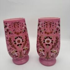 19C Opaline Pink Bristol Glass 2 Vases Enameled With Leaves Flowers 11.5” R picture
