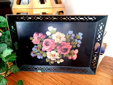 VTG Large Hand Painted Floral Serving Tole Tray Black Cottage Core Shabby picture
