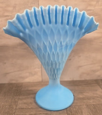 Vintage Fenton Blue Custard Satin Glass ~ Fan Planter Vase Swirl picture