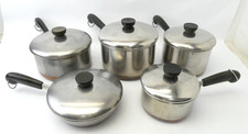 Vintage Revere Ware Copper Bottom Cookware 5 Pots Pans w/ Lids USA Lot picture