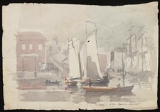 Photo:Waterfront Harbor Sailboats Sailing Ship Buildings 1900s Dock Scene picture