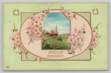 1910 Birthday Greetings Postcard Embossed Church Scene Gibsonburg Ohio Postmark picture