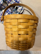 Vintage longaberger medium Round Woven Basket w/ Handle & Plaid Fabric Liner picture