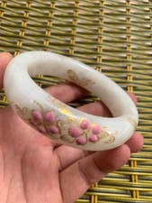 Rare Chinese White HeTian Jade Gilded painted Floral Bangle Bracelet  picture