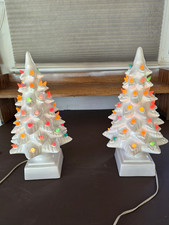 White Ceramic Christmas Trees (sold ad a pair) w/ Multicolor Lights picture