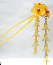 Antique Japanese Kanzashi Hair Ornament Celluloid Floral w corals and fringes 6