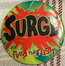 Vintage Surge Soda Feed The Rush Button Pin 1990s RARE promotional Coca-Cola  picture