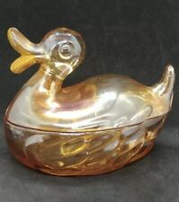 Vtg Trinket Dish Duck Iridescent Carnival Glass Box Marigold  Jeannette  Candy picture