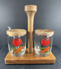 VTG Picnic Condiment Relish Server Hand Painted Glass Wood Caddy Country Core picture