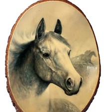 Vtg 70s Wood Tree Slice Dapple Gray Horse Plaque Wall Decor picture