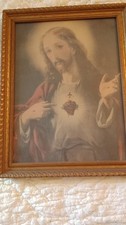 Catholic Religious Art Vintage Sacred Heart of Jesus Print w Ornate Frame picture