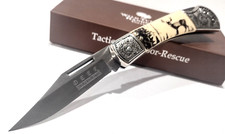 Buck Deer Scrimshaw Scene Smooth White Bone Lockback Folding Pocket Knife picture