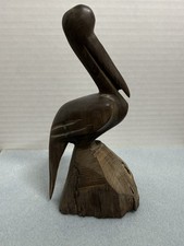 Hand Carved Wood Pelican Bird Sculpture 7” One Piece Rustic Coastal Decor picture