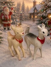 Vtg 1940-50's Bradford Hard Plastic  Rudolph & Clarice Reindeer Ornaments picture