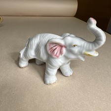 Vintage White Porcelain Elephant Figurine Trunk Up Glossy Ceramic picture