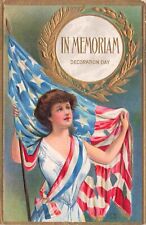 Nash Patriotic Decoration Day In Memoriam Woman Holds US Flag Embossed Postcard picture