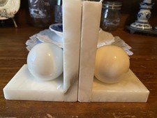 VTG J.A.Y. Genuine Alabaster BOOKENDS Spain Cream Round Sphere Rectangle Base picture