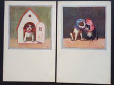 adorable sad puppy dogs lot of 2 signed art Japanese printed postcards picture