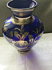 VTG Murano Glass Cobalt Blue  Vase with Silver Overlay Cortina Italian Art Glass picture